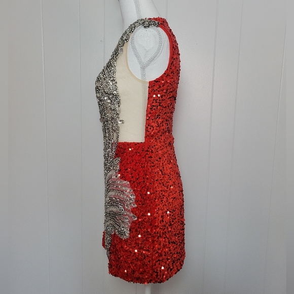 Silver Crystal Jeweled & Red Rhinestone Mesh Detail Formal Mini Dress Pageant S - Picture 8 of 15